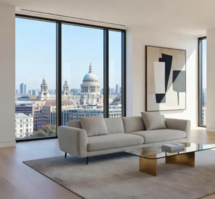 Modern London apartment living area with large windows